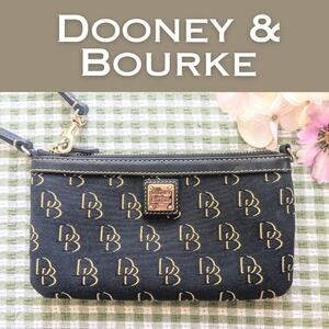 Dooney & Bourke Grooved Leather Top Zip Wristlet Clutch Black Gold DB Monogram